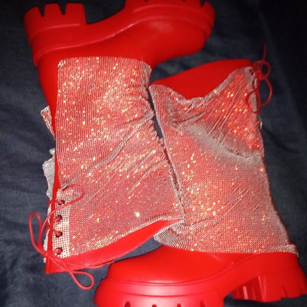 AZALEA WANG " BLOSSOM  FULL  EMBELLISHED " BOOT IN RED ( BRAND NEW !!!) - Picture 6 of 6